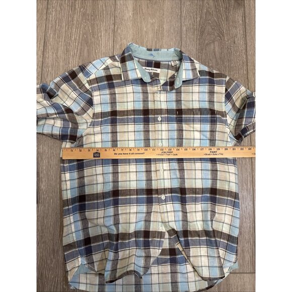 Tommy Bahama Men's Size Medium Plaid Long Sleeve Men's Shirt BLUE BROWN - Picture 8 of 9